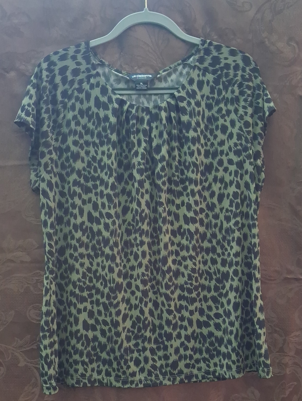 Liz Claiborne Green Leopard Print Short-Sleeve Blouse Size XL